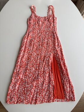 Coral Floral Maxi Dress with high Side Slit size XS